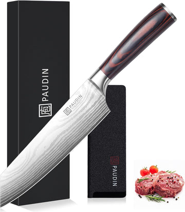PAUDIN Universal Classic 8” Chef Knife - High Carbon Steel, Santoku, Pakkawood Handle, Gift Box" - Paudin Store