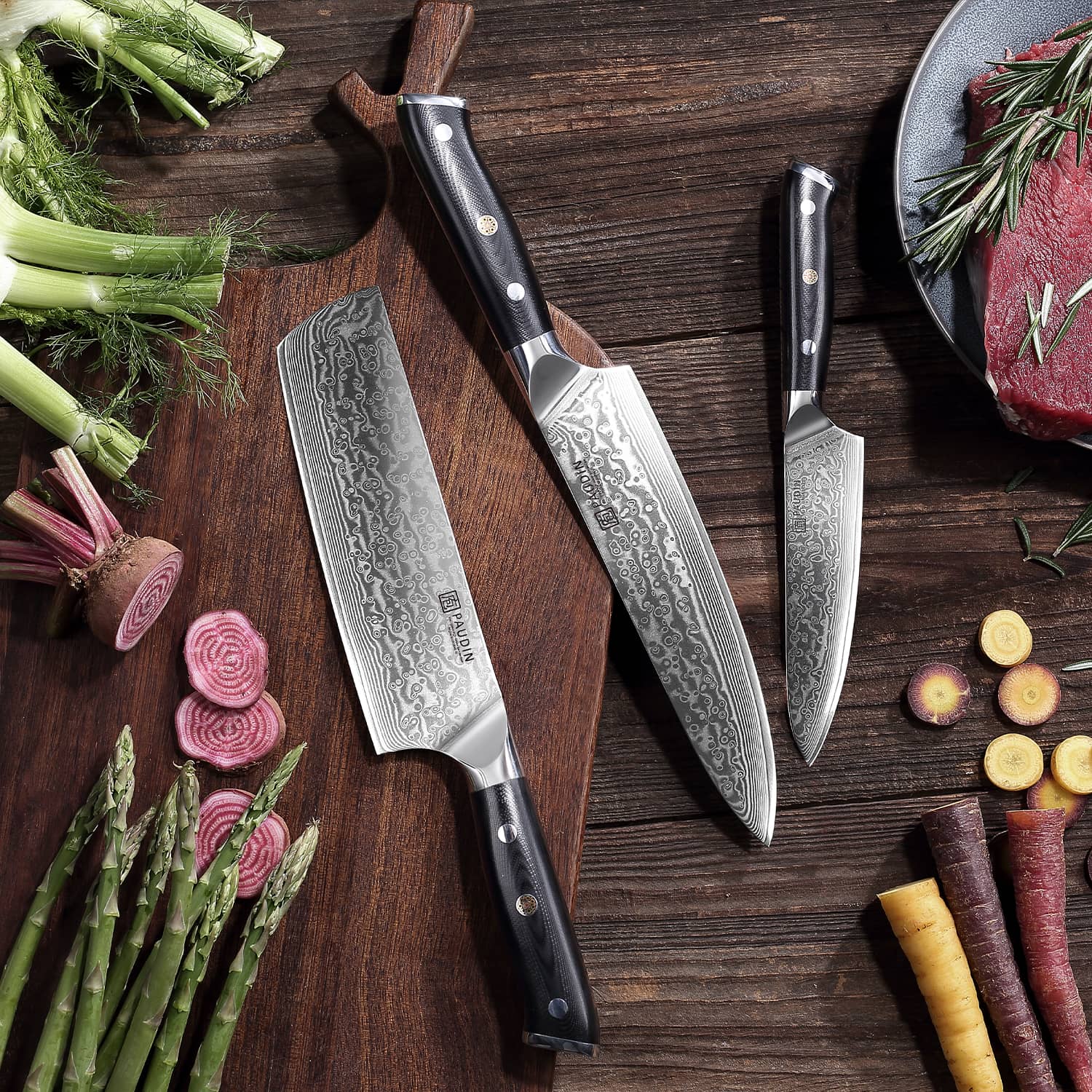 PAUDIN Cloud Premium 3-PC Damascus Knife Set - Paudin DE