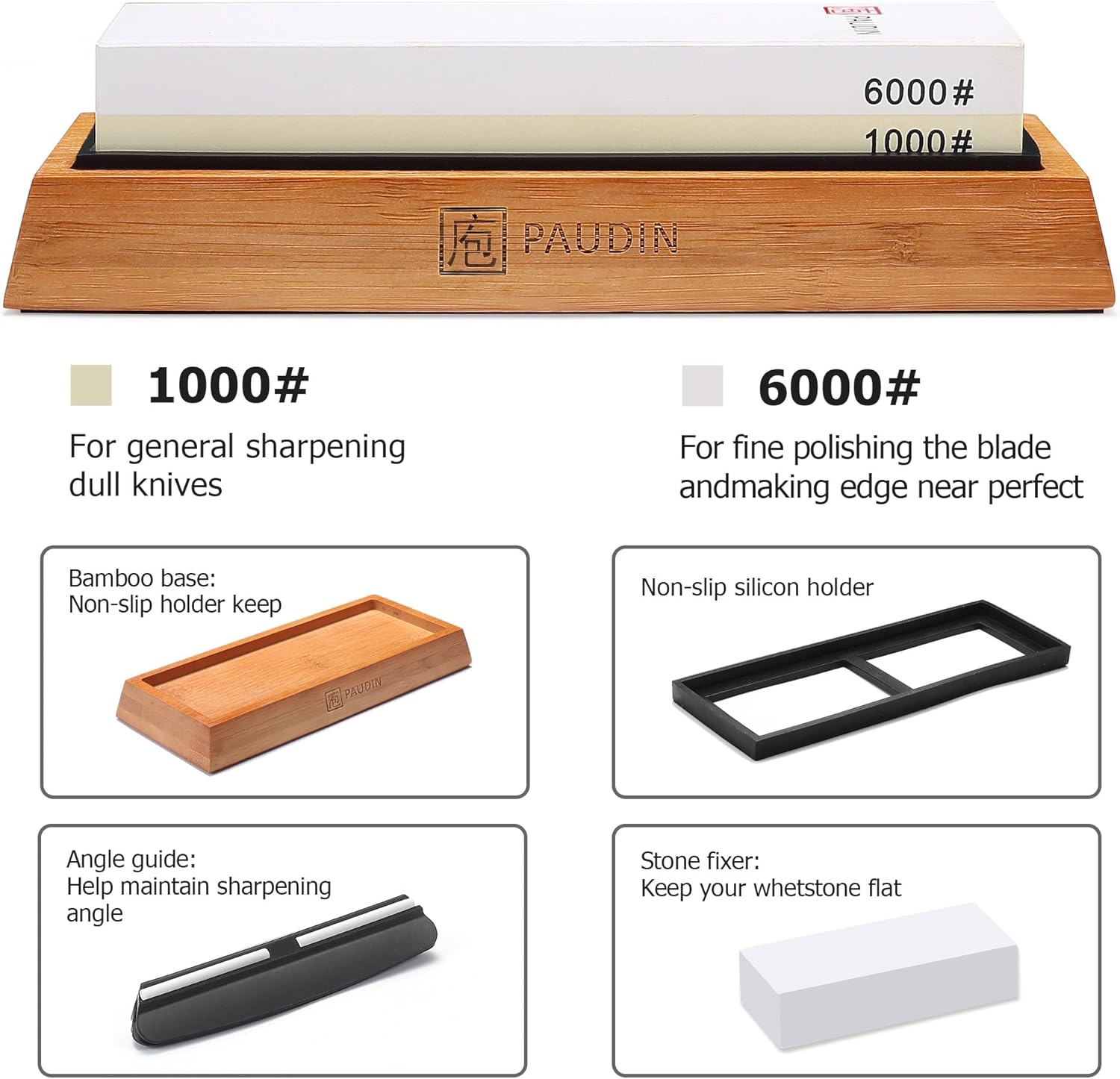 Paudin Premium Whetstone Knife Sharpener Stone Kit 1000/6000 Grit - Japanese Waterstone Sharpening Stones for Knives with Flattening Stone, Bamboo Base, NonSlip Base, Angle Guide & Water absorber