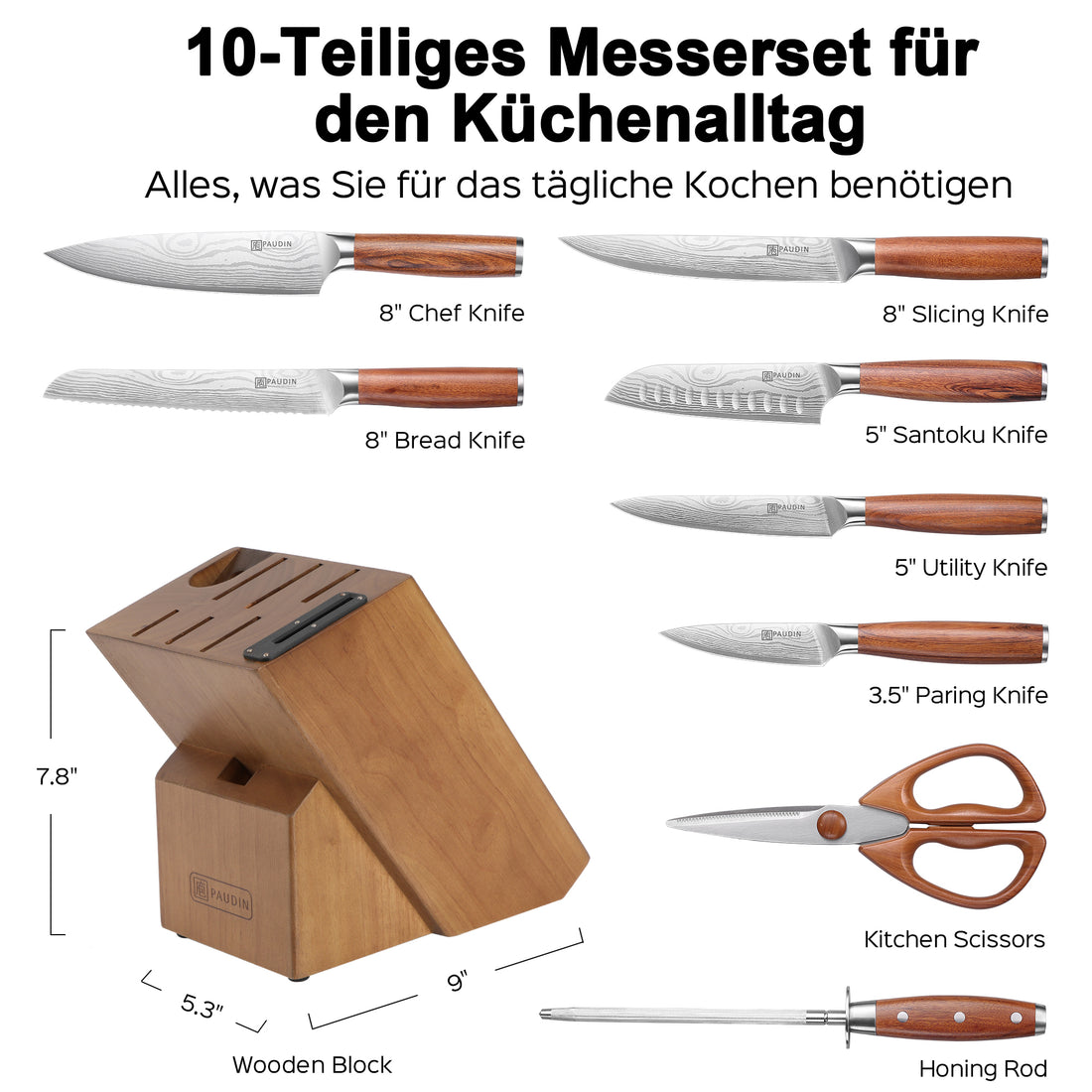 PAUDIN 10-teiliges Küchenmesser-Set mit Messerblock & integriertem Schärfer - Paudin DE