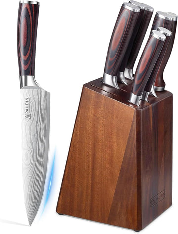 PAUDIN NT9 Messerblock Set mit 9-TLG, Scharfes Hochwertiges Küchenmesser Set aus Edelstahl, Messerblock mit Messer & Ergonomischem Holzgriff, Messerset mit Block für Koch/Haushalt, FDA