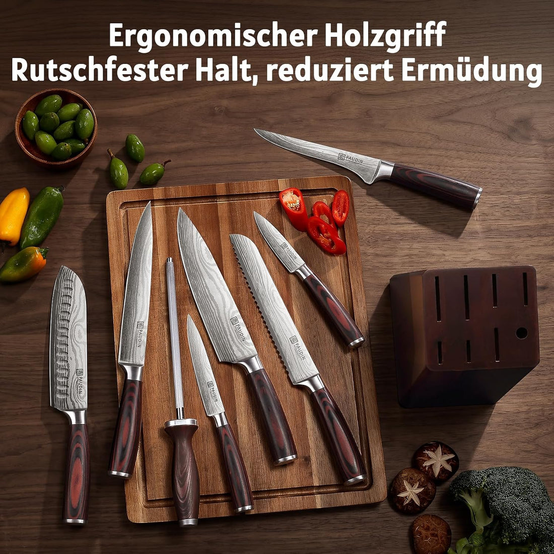 PAUDIN NT9 Messerblock Set mit 9-TLG, Scharfes Hochwertiges Küchenmesser Set aus Edelstahl, Messerblock mit Messer & Ergonomischem Holzgriff, Messerset mit Block für Koch/Haushalt, FDA - Paudin DE