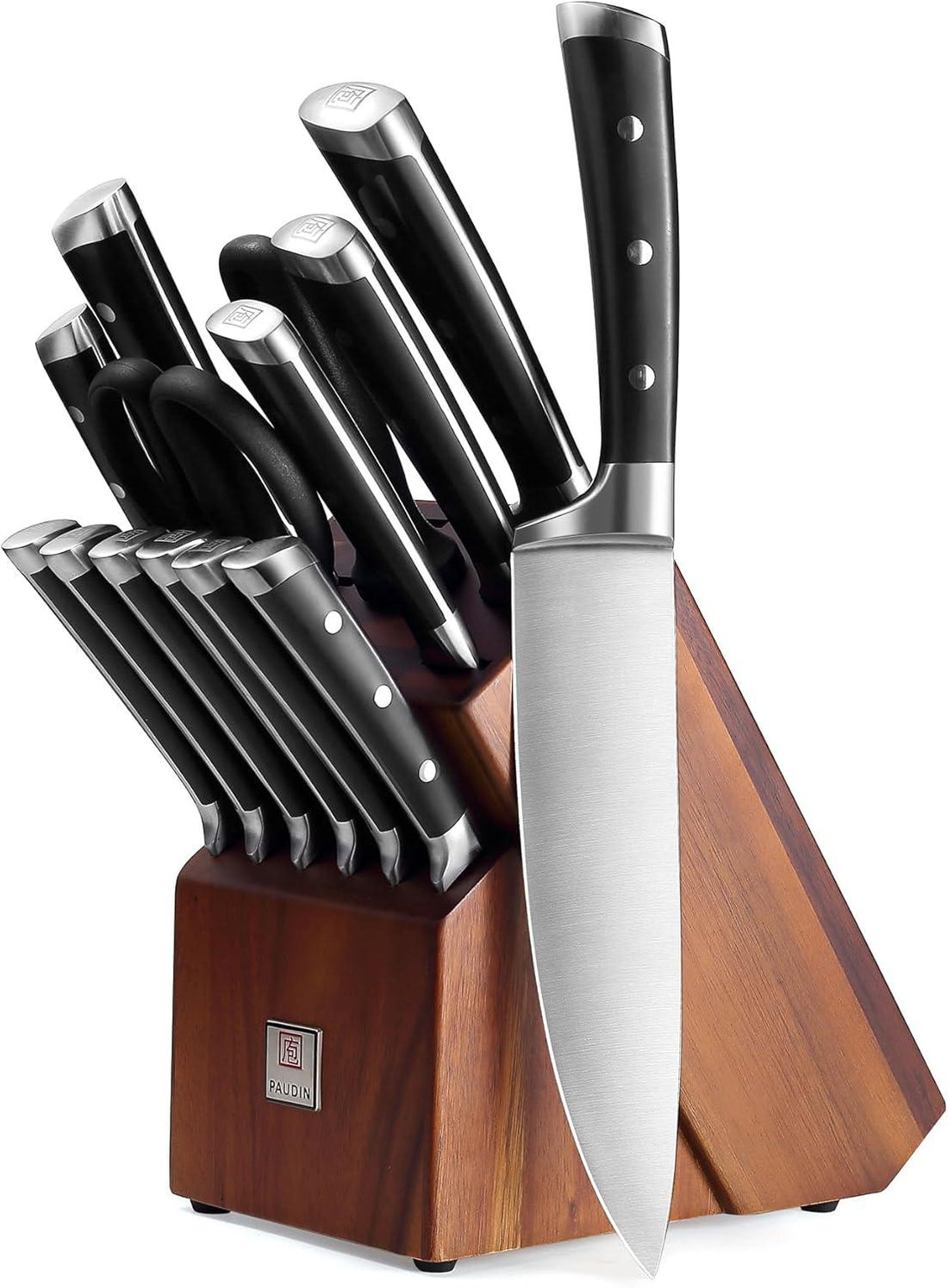 PAUDIN 15 - Piece Knife Block Set - High Carbon Stainless Steel with Sharpener, Full Tang Triple Rivet Handle - Paudin Store